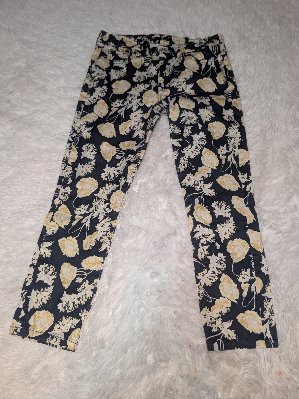 Girls' Black Floral Print Stretch Pants - Yellow Flower Design